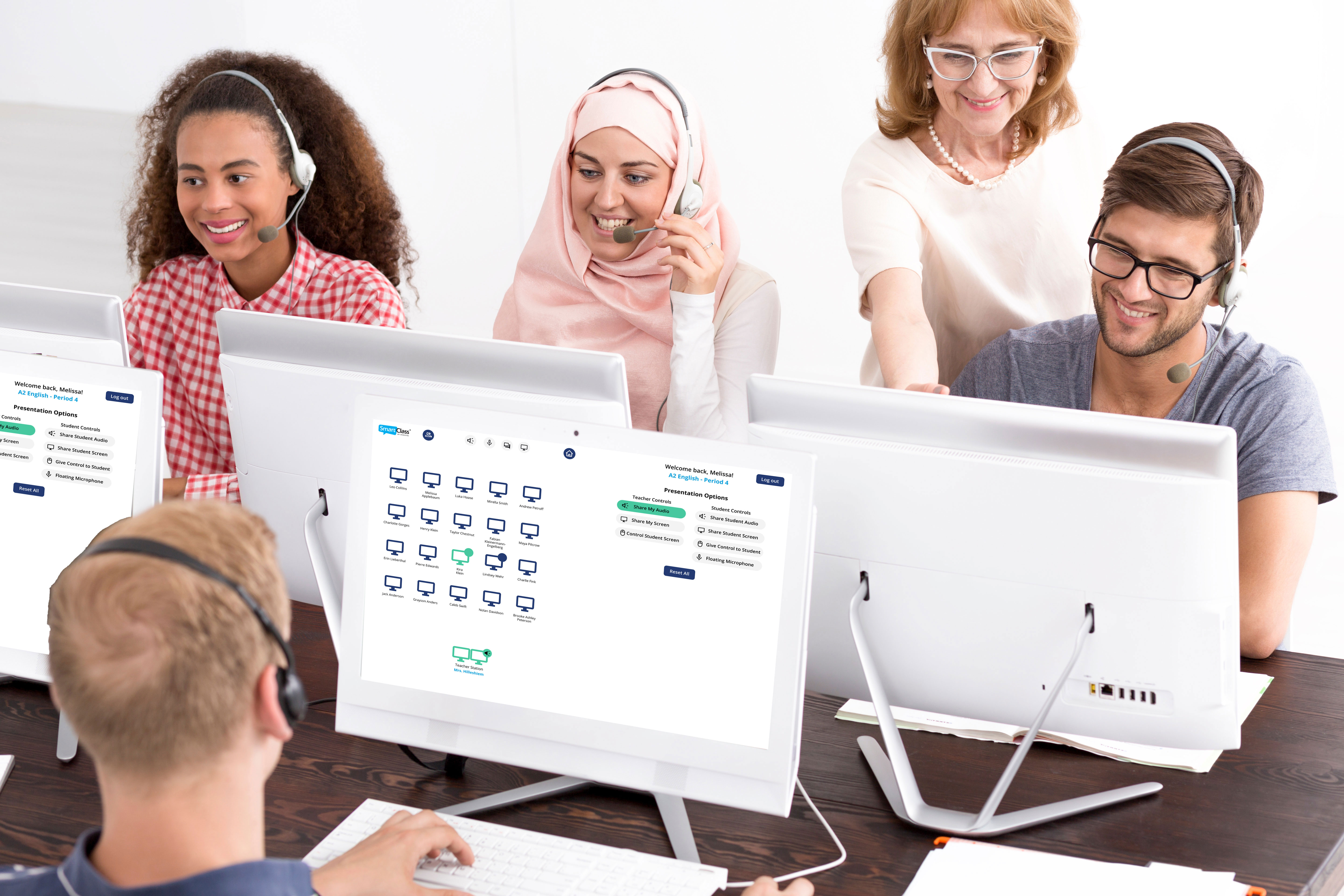 Teacher using SmartClass dashboard with students
